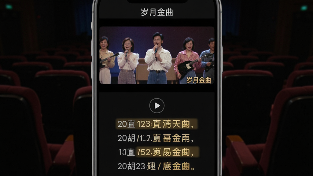 主体:手机屏幕展示“岁月金曲”的歌词界面,上方是MV画面窗口,画面内是90年代的舞台歌手。布局:屏幕上方为视频窗口,下方为逐字歌词,歌词有金色高亮。排版:手机竖屏居中,背景为暗色音乐厅座椅模糊效果。风格:复古演艺风与现代UI结合,视频画面略呈胶片颗粒感。细节:歌词字体清晰,标注“岁月金曲”水印,MV播放按钮明显。画质:高清,无多余UI元素。
