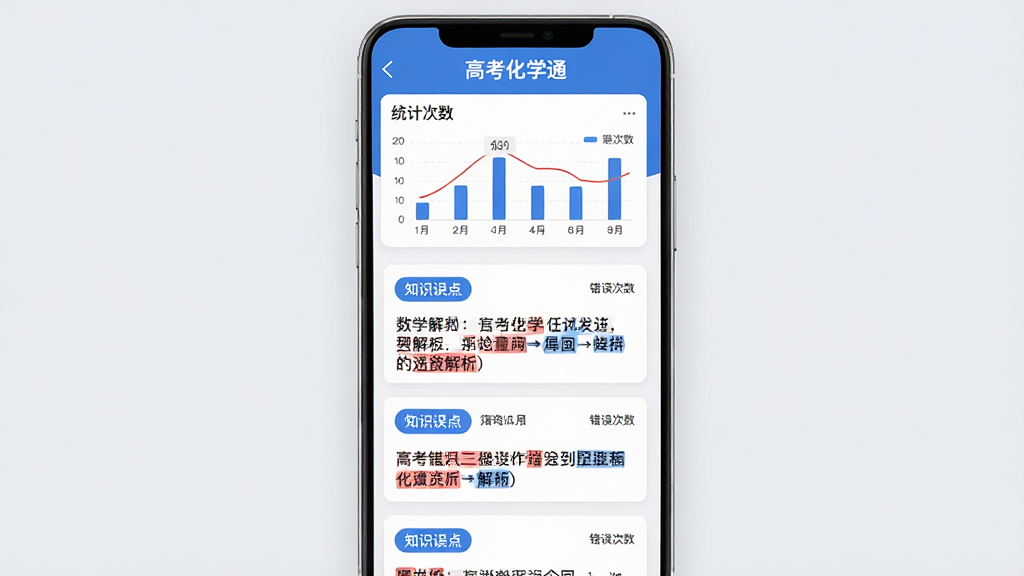 主体:高考化学通的错题本界面,列表显示几道典型错题及红蓝标注的解析。布局:手机屏幕竖屏展示,上方为统计图表,下方为错题列表。排版:错题卡设计,每题显示知识点标签和错误次数。风格:现代简约风格,以蓝白为主色调,背景为淡灰色。细节:屏幕中“高考化学通”标识位于顶部,解析文字清晰。画质:高分辨率渲染,干净,无多余元素。