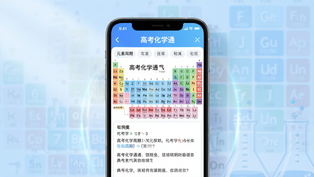主体:高考化学通app的界面预览图,展示在智能手机上运行的画面,屏幕中显示化学元素周期表和几道典型例题。布局:手机居中放置,屏幕内容清晰可见,周围有柔和的光影效果。排版:界面简洁,功能按钮排列整齐。风格:现代科技感,色彩明亮干净,背景为浅蓝色渐变。细节:屏幕中的文字“高考化学通”清晰,元素周期表色彩分明,题目字体清晰可读。画质:高清渲染,干净,无多余元素。
