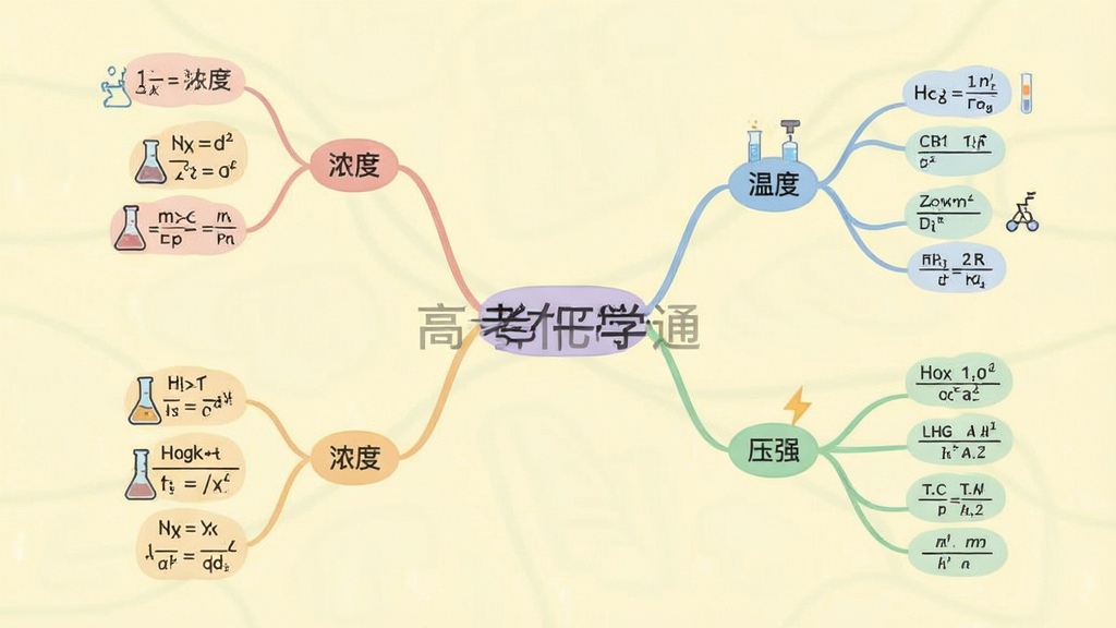 主体:高考化学通的思维导图功能截图,中央为“化学平衡”主题,向四周延伸出浓度、温度、压强等分支节点。布局:思维导图居中展示,各分支节点呈放射状排列,色彩柔和区分不同层级。排版:节点文字清晰,连线流畅自然。风格:教育类app界面风格,清爽简洁,背景为浅黄色。细节:每个节点配有简短的公式或图标,中心文字“高考化学通”水印。画质:高清,干净,无多余元素。