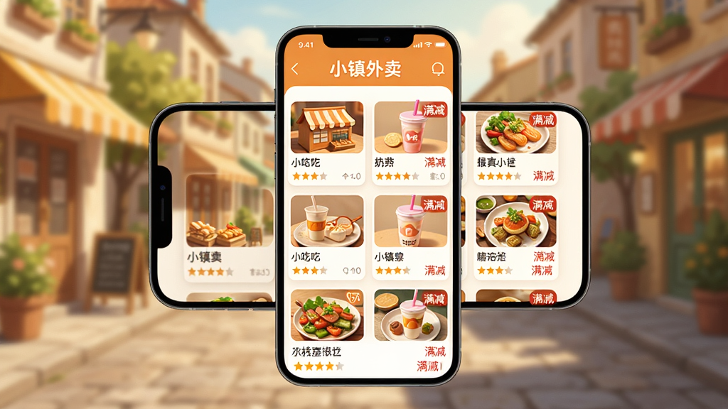 主体:手机横屏展示“小镇外卖”商家列表页面,有各种小吃店、奶茶店图标。布局:手机居中,屏幕内商家卡片整齐排列,背景为模糊的小镇街道。排版:重点突出屏幕内容,左右留白。风格:写实与插画结合,色彩温暖。细节:屏幕上有“小镇外卖”字样、商家名称、评分星星和“满减”红色标签。画质:高清、干净、无多余元素。