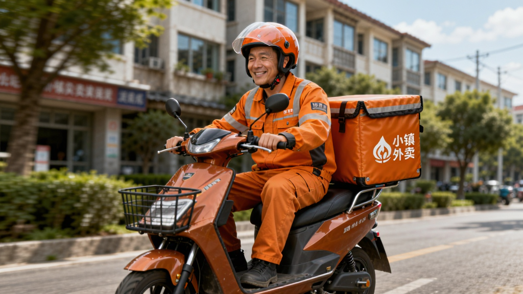 主体:一位穿着橙色工作服的骑手骑着电动车,车后配有“小镇外卖”保温箱,行驶在小镇街道上。布局:骑手位于画面中央,背景是模糊的居民楼和绿树。排版:动感十足,展现速度。风格:写实摄影风格,光线明亮。细节:骑手微笑,保温箱上有“小镇外卖”logo。画质:高清,干净,无多余元素。