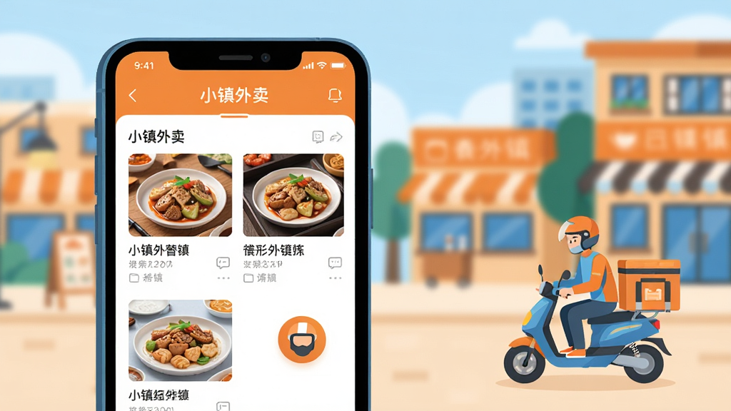 主体:一幅温暖明亮的插画,前景是手机屏幕上的“小镇外卖”APP界面,显示附近餐厅列表和配送骑手图标。布局:手机位于画面中央偏左,右侧环绕小镇街景、餐饮店铺、骑着电动车的外卖骑手。排版:画面干净,主体突出,背景虚化。风格:扁平化现代插画风格,色彩清新明快,以橙色和蓝色为主色调。细节:手机屏幕上清晰显示“小镇外卖”字样和菜品图片,骑手头盔上有外卖箱。画质:高清、干净、无多余元素。