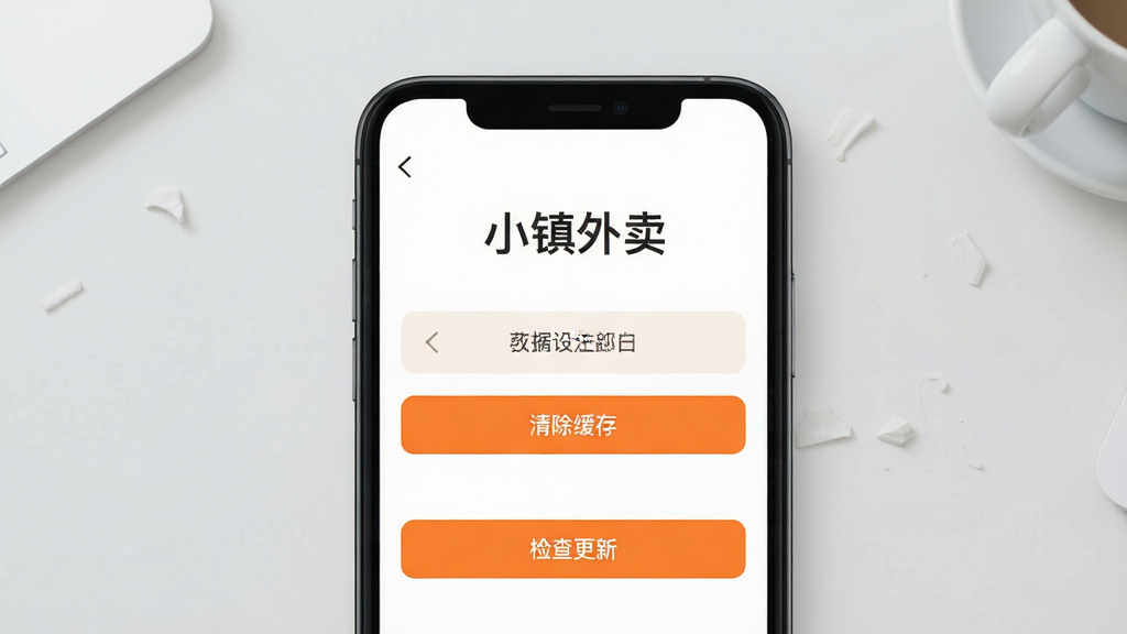 主体:一部手机屏幕显示“小镇外卖”设置页面,有“清除缓存”、“检查更新”选项。布局:手机居中,背景为浅灰色桌面。排版:简洁清晰。风格:平面UI设计风格。细节:屏幕上有“小镇外卖”字样,按钮为橙色。画质:高清,干净,无多余元素。