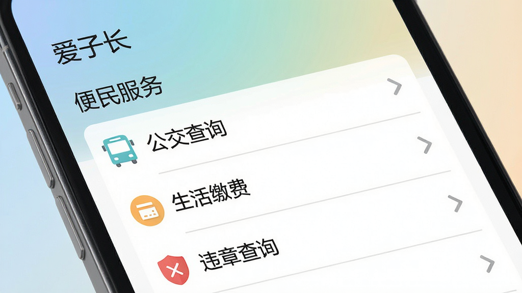 ����Ϊһ���ֻ��������д��չʾ�����ӳ���APP�ġ�������񡱰�飬���������б���ʽ���С�������ѯ����������ɷѡ�����Υ�²�ѯ������Ŀ��ÿ����Ŀ�Ҳ���м�ͷͼ�꣬����Ϊ���Ľ���ɫ���������Լ���£��Ű����룬��ƽ����ƣ�ɫ�ʵ��ţ�ϸ�ڰ�����Ŀ�ָ��ߺ�ͼ�꣬���ʸ��壬�ɾ����޶���Ԫ�ء�