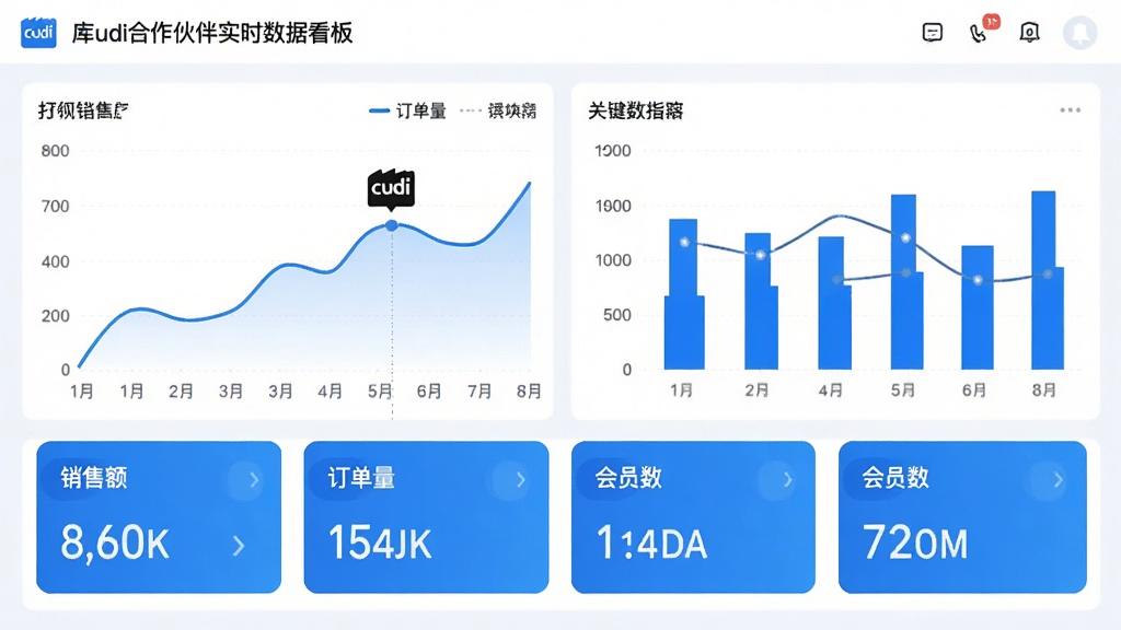 库迪合作伙伴实时数据看板,展示折线图、柱状图与关键指标卡片,包含销售额、订单量、会员数等数据,界面简洁明亮,蓝色主题,商业数据可视化风格,排版整齐,画质清晰,无多余元素