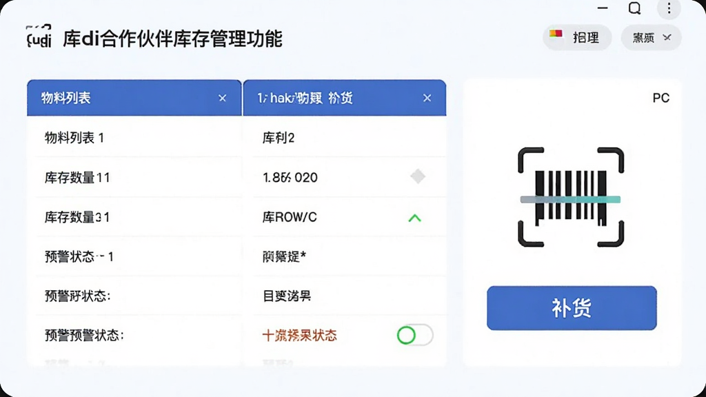 库迪合作伙伴库存管理功能,展示物料列表、库存数量、预警状态,界面包含条形码扫描图标与补货按钮,简约商务风格,蓝白配色,排版清晰,细节丰富,画质干净,无多余元素