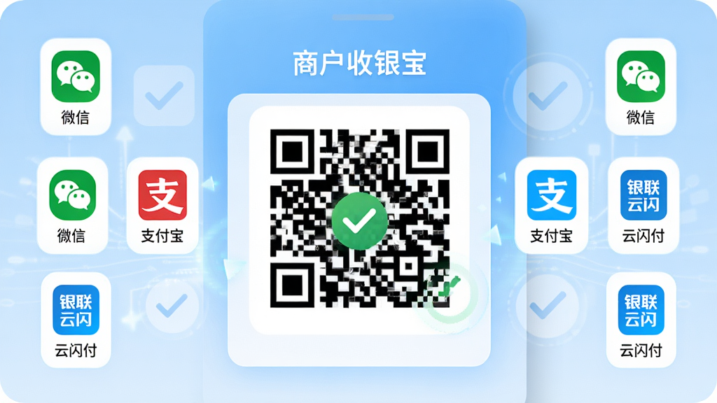 画面主体为“商户收银宝”聚合收款界面,中央展示一个大型二维码,四周环绕微信支付、支付宝、银联云闪付等小图标。布局为对称式设计,二维码置于视觉中心,支付渠道图标均匀分布两侧。排版简洁直观,图标下方标注“微信”“支付宝”“云闪付”文字。风格为商务科技感,背景为浅蓝色渐变,搭配白色卡片。细节表现支付成功后的对勾动画效果,画质明亮清晰,无多余元素。