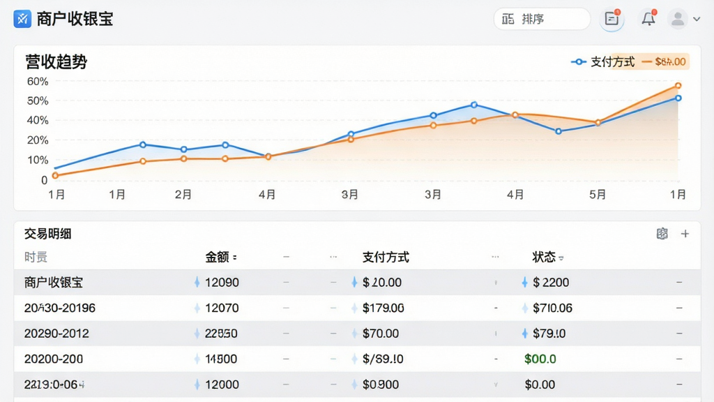 画面主体为“商户收银宝”对账报表页面,上方为营收趋势折线图,下方为交易明细表格,列有交易时间、金额、支付方式、状态。布局采用上下结构,图表区占三分之一,表格区占三分之二,排版整齐有序。风格为数据可视化风格,图表线条使用蓝色与橙色,表格隔行浅灰底色。细节体现数据高亮与排序功能,画质干净清晰,无多余元素。