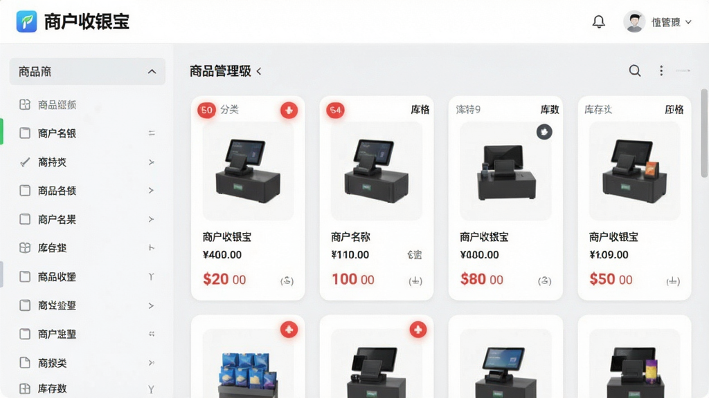 画面主体为“商户收银宝”商品管理页面,左侧为商品分类列表,右侧为商品卡片,卡片显示商品图、名称、价格、库存数。布局为左窄右宽的经典后台管理结构,排版清晰。风格为清新商务风,背景为淡灰色,商品卡片为白色圆角矩形。细节表现库存预警标红提示,画质干净无多余元素。
