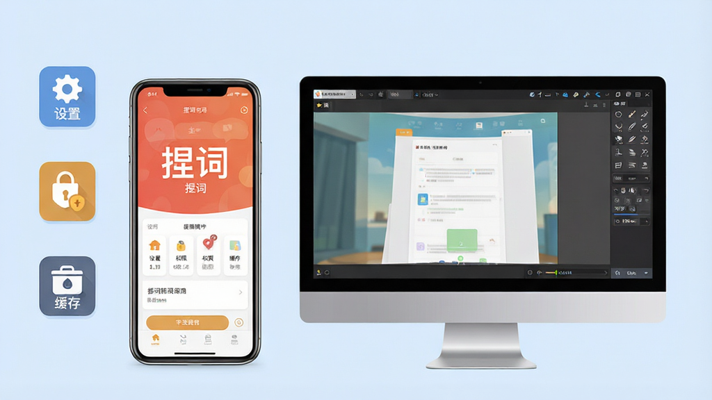 一张应用使用教程的配图,主体为手机和电脑并排摆放,手机屏幕上显示捏词应用主界面,电脑屏幕显示模拟器界面,周围有“设置”、“权限”“缓存”等小图标,背景为淡蓝色,布局为左右结构,风格为写实与扁平结合,细节清晰,画质干净,无多余元素。