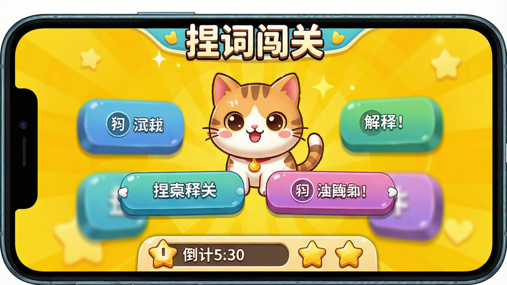 一张游戏界面截图风格的图片,主体是手机屏幕,屏幕内呈现一个答题闯关场景,顶部有“捏词闯关”字样,中间出现一只可爱的卡通小猫和四个选项按钮,按钮上写着单词释义,下方有倒计时条和得分星星,背景为明亮的黄色,布局饱满,风格卡通活泼,细节包括小猫的表情和按钮的立体效果,画质清晰,无多余装饰。