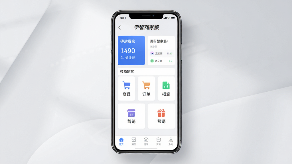 图片展示伊智商家版的主体界面设计,以智能手机为视觉中心,屏幕中清晰显示“伊智商家版”品牌名称,界面布局包含顶部统计概览卡片、中部功能宫格图标(商品、订单、报表、营销),底部导航栏,背景为浅灰色渐变,加入柔和光影效果,整体风格干净专业,画质高清,无多余元素