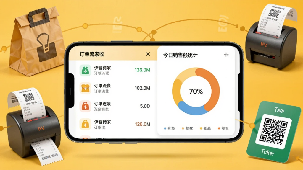 生成一张概念图,中央是一部运行伊智商家版的手机,屏幕分成左右两栏,左侧为订单流水列表,右侧为今日销售额统计环形图,手机周围环绕着外卖包装袋、小票打印机、收款码等元素,背景为暖黄色调,寓意高效连接,画质干净,无多余元素