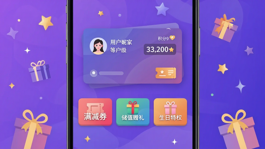 设计伊智商家版会员营销模块的界面预览图,屏幕中央显示会员卡样式,包含用户昵称、等级、积分数字,下方排列着“满减券”、“储值赠礼”、“生日特权”三个彩色按钮,背景采用渐变紫罗兰色,四周点缀星星与礼物盒矢量元素,画质干净,无多余元素
