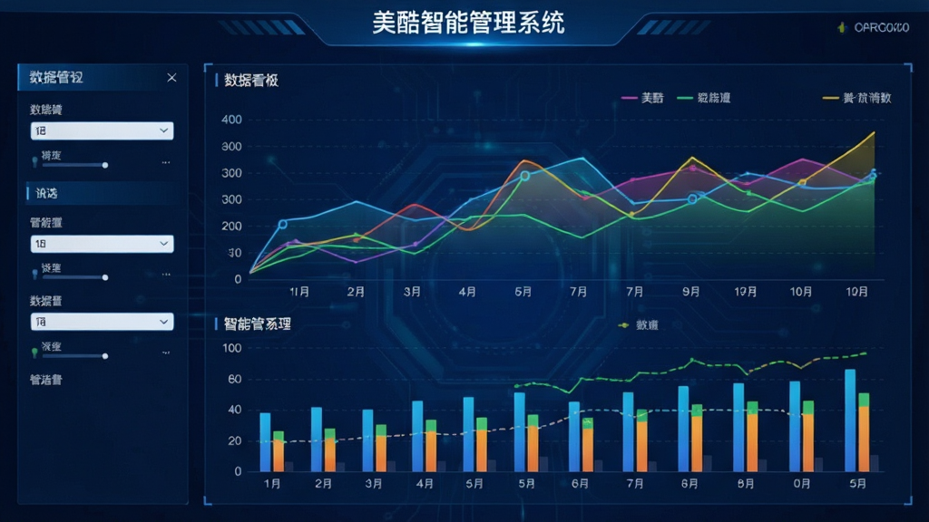 一张展示美酷智能管理系统数据看板界面的图片,画面中央为彩色折线图和柱状图,背景为深蓝色科技风格,图表上方标注“美酷智能管理系统”,左侧有筛选器面板,整体排版专业,细节丰富,画质清晰,无多余元素