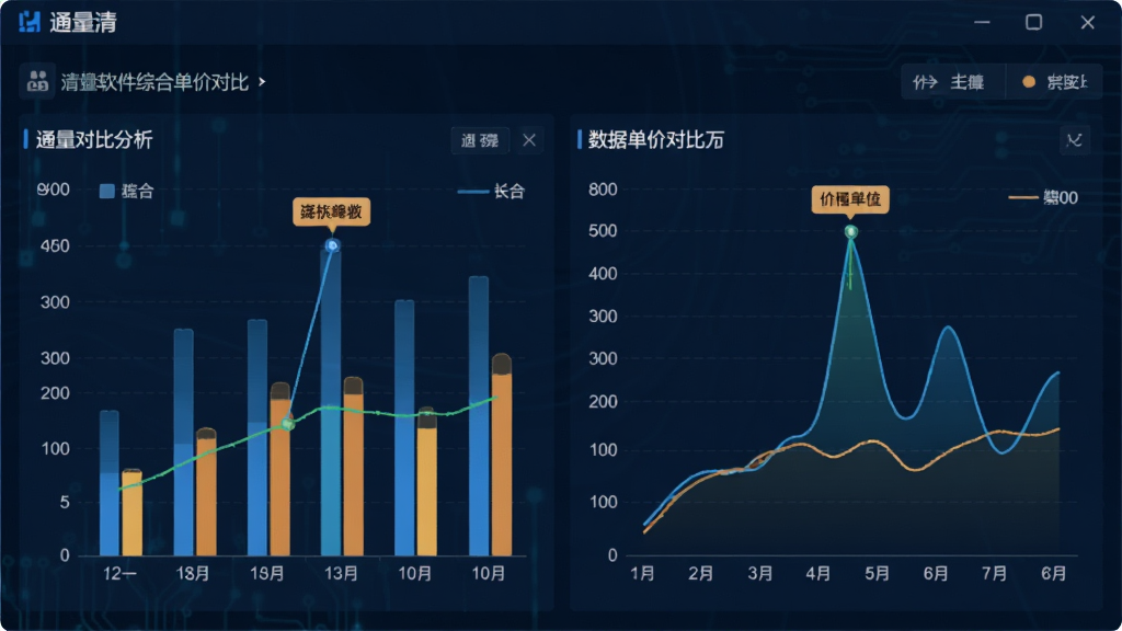 数据对比分析图表界面,主体为“通量清”软件的综合单价对比窗口,包含柱状图与折线图,背景为深色科技蓝,布局清晰,风格为数据可视化风格,细节突出价格变化趋势与峰值标注,画质干净,无多余元素。