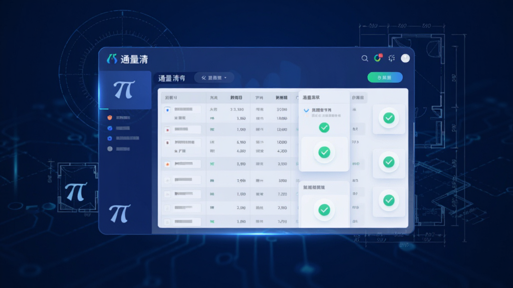 高清数字绘制的软件主视觉图,主体是“通量清”软件界面悬浮于深蓝色科技背景中央,界面显示清晰的数据表格与绿色对勾图标,布局稳重大气,风格为现代扁平化结合微光效,细节包含圆周率符号与建筑图纸线条纹理,画质细腻干净,无多余元素。