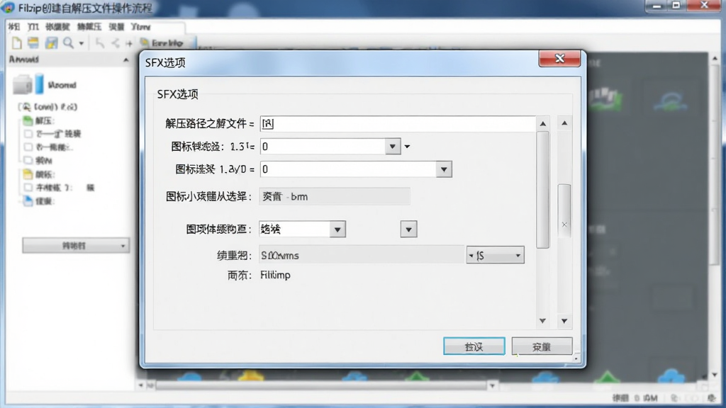 Filzip创建自解压文件的操作流程示意,画面显示设置窗口中的“SFX选项”面板,包含解压路径、图标选择等参数,背景为软件主界面,排版清晰,风格写实,画质干净,无多余元素