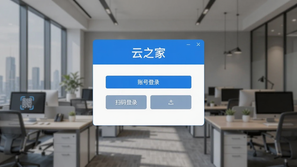 展示云之家电脑端登录界面,背景为企业办公场景,中央为登录框,有“扫码登录”和“账号登录”选项,界面大气,文字显示“云之家”,画质高清,无多余元素