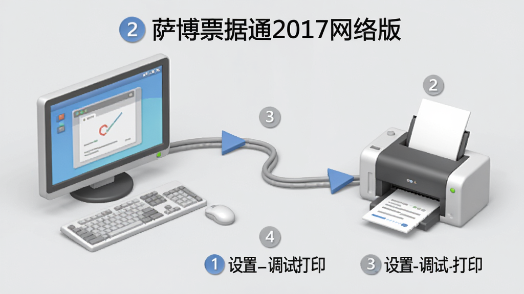 一张“萨博票据通2017网络版”软件的操作流程图插画风格图片,主体为电脑与打印机设备连接。布局为步骤流程导向,数字标识清晰。风格为简洁的3D渲染图,浅灰色背景。细节上突出“设置-调试-打印”三个环节,画质干净,无多余文字。