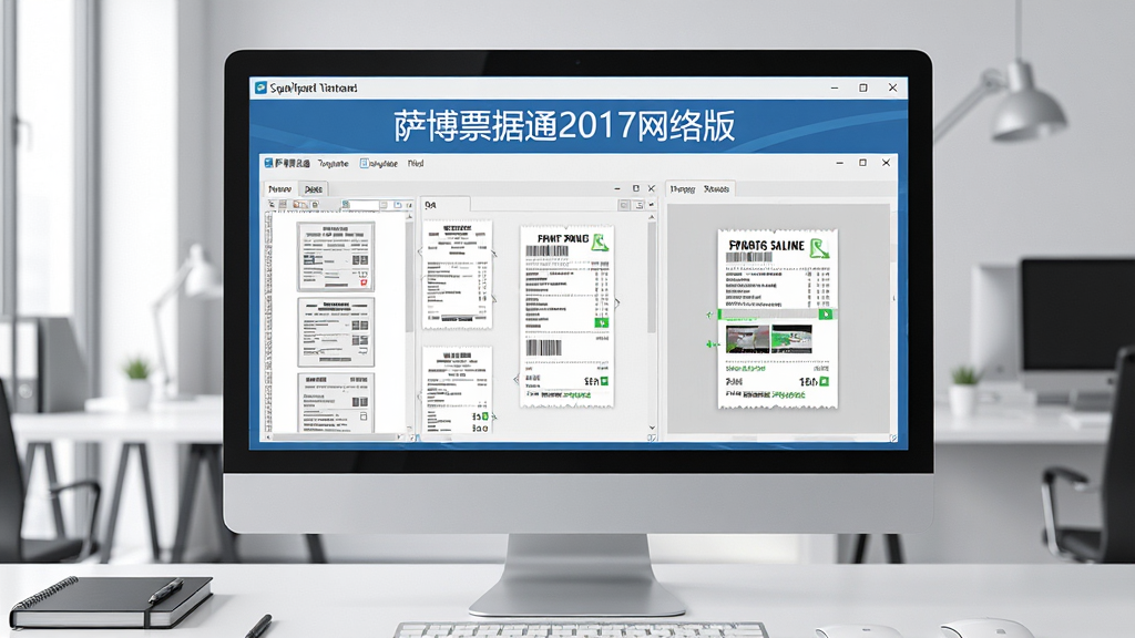 主体为电脑屏幕上显示“萨博票据通2017网络版”软件主界面,界面清晰展示票据模板与打印预览,背景为现代简洁的办公桌面。布局为主视觉居中,界面窗口排版规整。风格为写实科技感,界面UI设计简洁明亮。细节上突出软件名称与票据样张,画质高清,干净无多余元素。