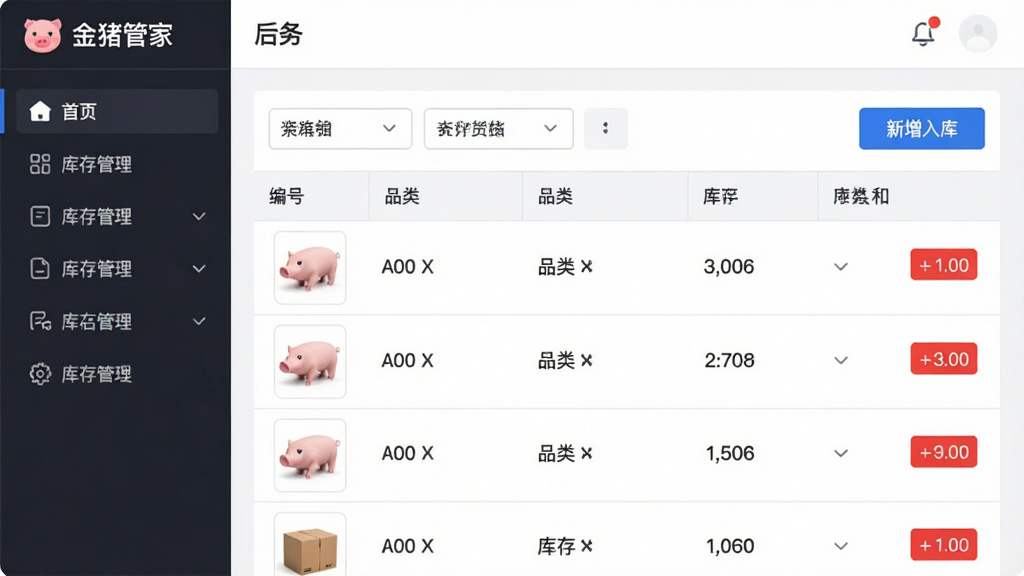 图片主体是“金猪管家”电脑端后台的库存管理界面,左侧为深色侧边栏导航,右侧主体是货品列表表格;布局采用左右结构,表格上方有筛选条件和“新增入库”蓝色按钮;排版整齐,每行显示货品图片缩略图、编号、品类和库存数量;风格为商务简洁的 UI 界面展示;细节强调高亮库存不足的红色数字;画质清晰锐利,干净,无多余元素