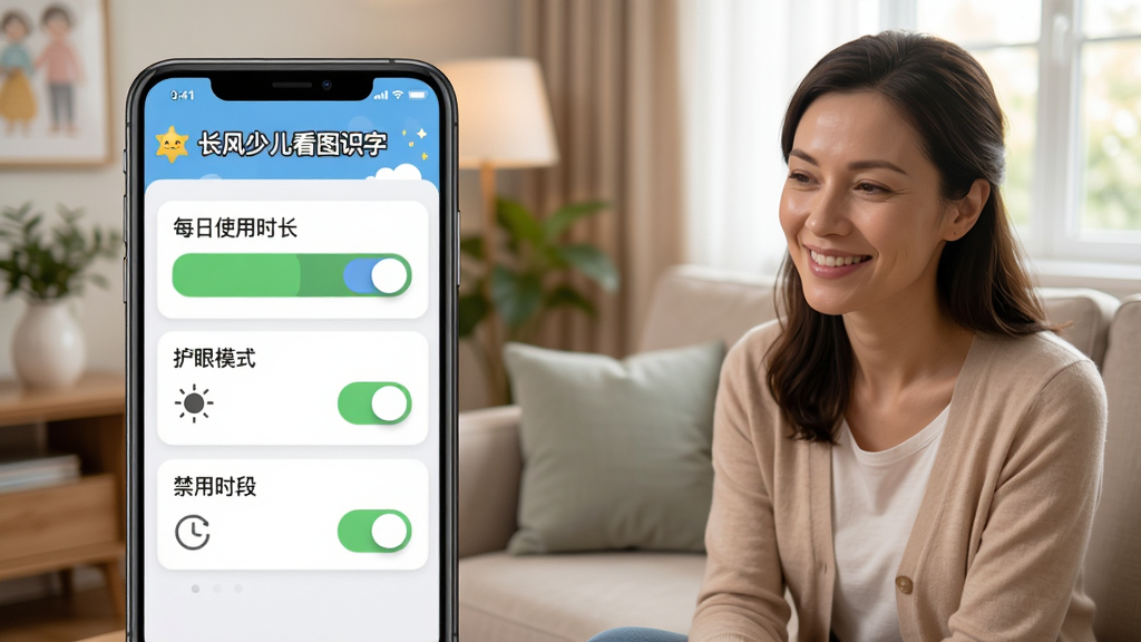 展示“长风少儿看图识字”软件的家长控制中心界面。主体为一部手机屏幕,屏幕上有“每日使用时长”、“护眼模式”、“禁用时段”等设置的开关按钮。背景为温馨的家庭客厅场景,一位母亲在旁边微笑。画面采用写实风格,布局清晰,光线自然,细节到位,整体氛围温馨和谐,画质干净。