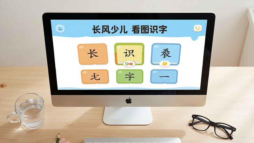 一张电脑屏幕的俯视图,屏幕中显示“长风少儿看图识字”的识字课程选择页面。旁边放着一杯温水和一副儿童眼镜。整体氛围安静和谐,突出安全、舒适的学习环境。画面风格写实,构图简洁,光线明亮,画质干净无杂物。