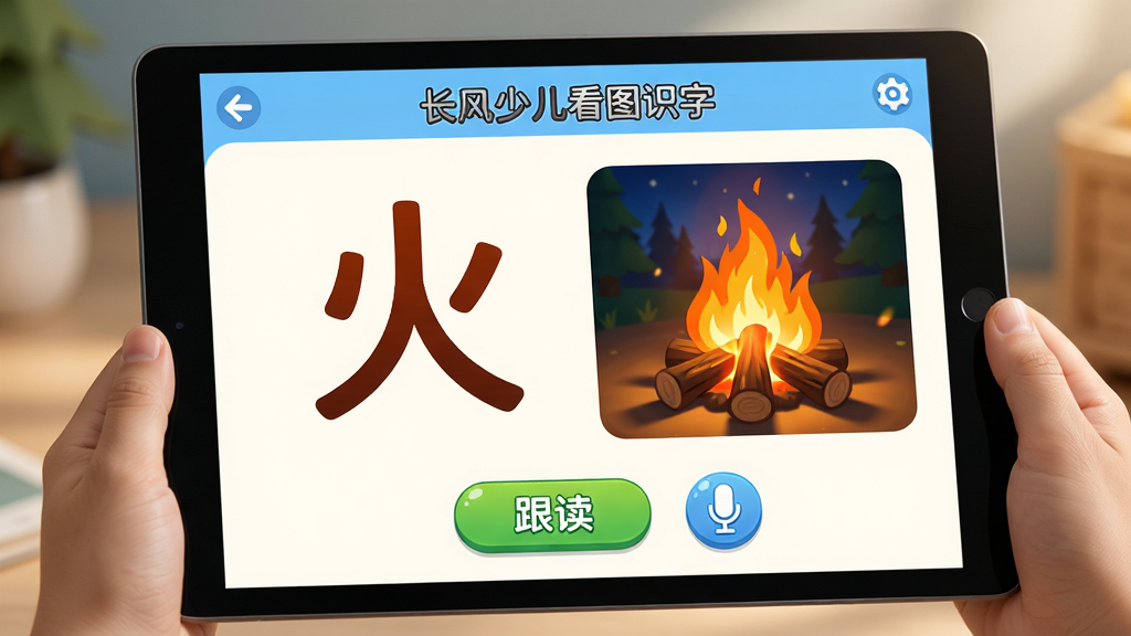 主题为“长风少儿看图识字”的学习界面特写。主体是一块平板电脑屏幕,屏幕上展示一个“火”字,旁边有燃烧的篝火动态图片,下方设有“跟读”按钮和一个麦克风图标。画面布局居中,采用高清写实与卡通结合风格,光线柔和,细节丰富,画质细腻干净,重点突出软件的教学功能。