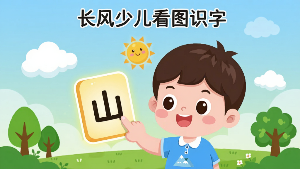 画面主体为一名可爱卡通形象的小男孩,正用手指点击一块发光的识字卡片,卡片上写着“山”字,周围漂浮着白云、太阳、绿树等卡通元素。整体布局采用扁平化儿童插画风格,色彩明快鲜艳,背景为柔和的渐变蓝色天空和绿色草地,画质清晰干净,画面无多余杂物。图片上方居中显示软件名称“长风少儿看图识字”。