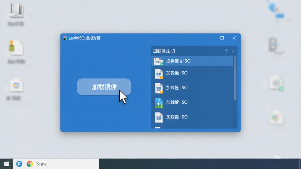 主体:LevinISO 虚拟光驱软件主界面悬浮在电脑屏幕中央,界面简洁现代,蓝色主题色调,左侧有“加载镜像”按钮,右侧显示已加载的ISO文件列表。布局:电脑屏幕背景为浅灰色桌面,任务栏清晰可见,软件窗口比例适中,四周留白。排版:界面元素对齐工整,按钮文字清晰。风格:扁平化UI设计,光影柔和,科技感。细节:软件图标在任务栏高亮显示,鼠标指针悬停在“加载镜像”按钮上。画质:高清渲染,干净无多余元素。