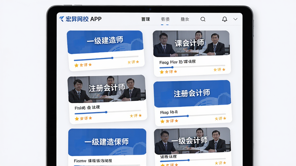图片展示宏网校APP内部的课程列表页面,平板上显示着分门别类的课程封面图,包含“一级建造师”、“注册会计师”等字样,布局采用卡片式纵向排列,排版错落有致,界面风格扁平化且配色舒适,以白色和品牌蓝色为主色调,细节处可见课程进度条和好评率,画质清晰锐利,整体干净整洁无多余图标。