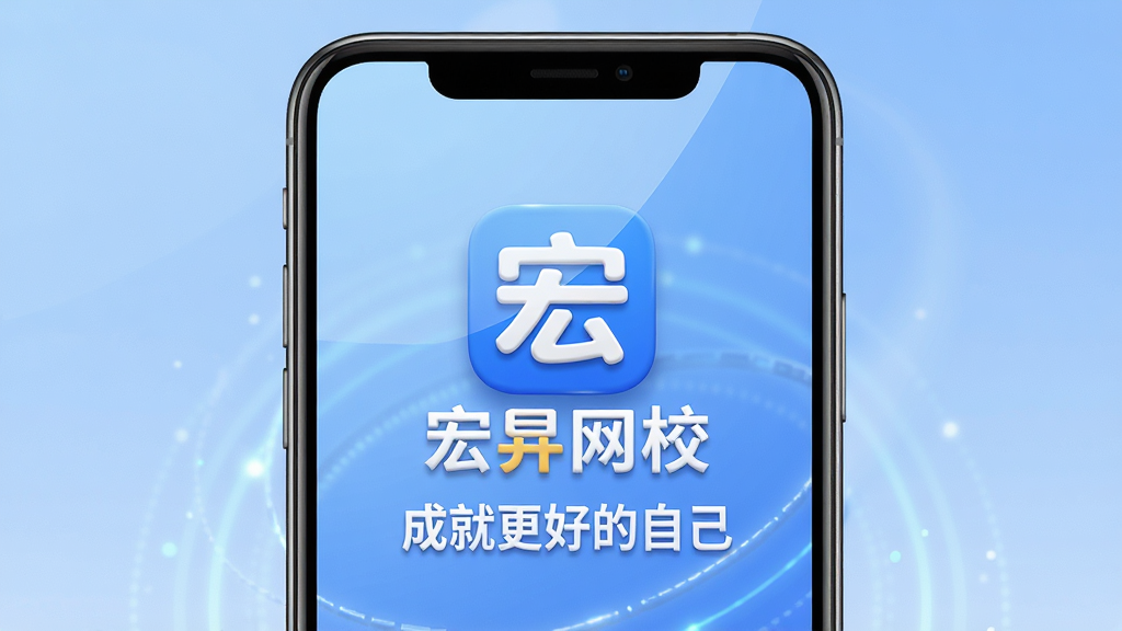 画面主体为宏网校APP的欢迎界面,智能手机屏幕占据画面中心,屏幕内展示宏网校的品牌LOGO和“成就更好的自己”标语,背景为柔和的渐变蓝色,布局简洁大气,排版以居中对称方式呈现,整体风格现代且具有教育科技感,细节上突出图标的立体质感和屏幕反光效果,超高清画质,干净且无多余元素。