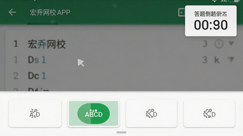 一张宏网校APP内部做题界面的特写截图,背景是模拟考试场景,一道选择题占据屏幕上半部分,下方是ABCD四个选项按钮,其中一个被选中为绿色,界面右上角显示答题倒计时,整体布局符合移动端阅读习惯,排版清晰明了,设计风格遵循Material Design规范,细节上包含字体抗锯齿渲染,画面干净无杂乱弹窗。