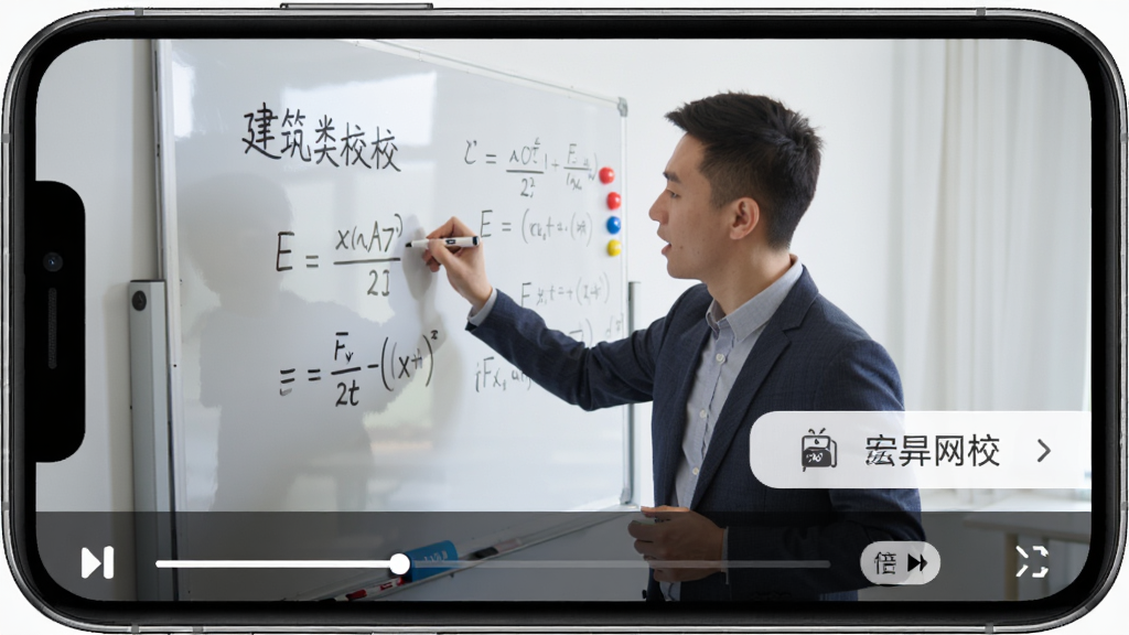 手机端宏网校APP的播放器界面,视频画面正在播放一堂建筑类课程,屏幕下方显示进度条和倍速播放按钮,讲师正在白板上书写公式,背景简洁,界面布局符合移动端视频播放习惯,细节上包含高清画质选项菜单,画面风格自然写实,无多余水印。