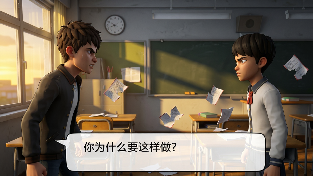 主体是游戏剧情场景,主角在教室中与一名同学对峙,周围散落着被撕碎的作业本。布局采用三分法构图,主角位于画面左侧,对方位于右侧,中间留出紧张的空间感。排版上,画面下方显示对话气泡,气泡内文字为“你为什么要这样做?”风格为写实卡通渲染,色彩以暖黄和冷灰对比,突出冲突感。细节包括窗外透进的夕阳、墙上的时钟和两人身后的课桌。画质高清,干净无多余元素。