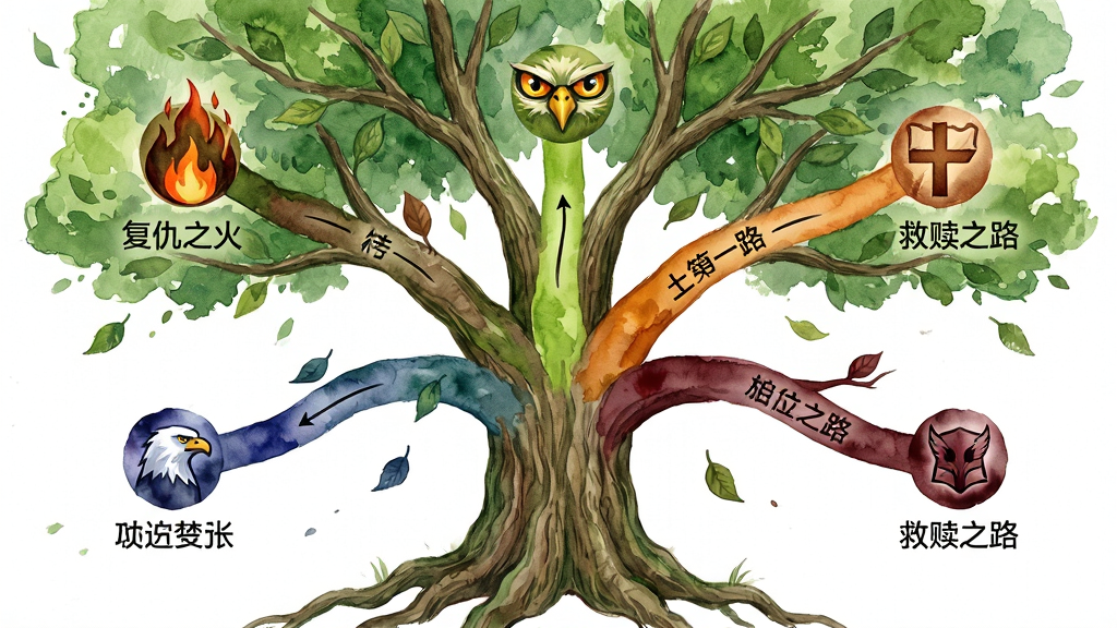主体是游戏结局分支图,一棵大树从中央分裂出五条不同颜色的路径,每条路径末端分别显示不同的结局图标。布局采用放射状构图,树根位于底部,枝叶向四周伸展。排版上,每条路径旁标注结局名称,如“复仇之火”、“救赎之路”等。风格为手绘水彩风格,色彩以绿色为主,搭配各路径的专属色。细节包括树皮纹理、飘落的树叶和隐藏在枝叶间的鹰眼。画质高清,干净无多余元素。