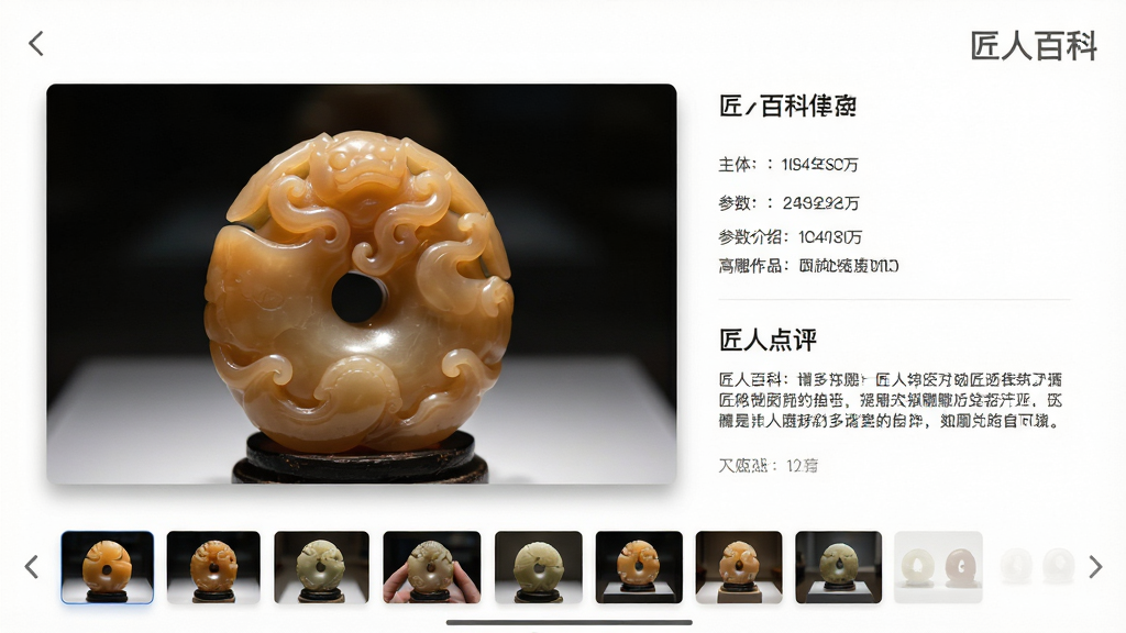 主体:匠人百科App内一件玉雕作品的详情页,左侧是高清作品大图,右侧是参数介绍与匠人点评。布局:图集式排版,底部有缩略图横滑栏,背景为纯白画廊风格。风格:极简主义+轻微投影,突出作品细节,玉质温润光泽可见。画质:8K超清,构图干净,无多余UI干扰,右上角有“匠人百科”水印。