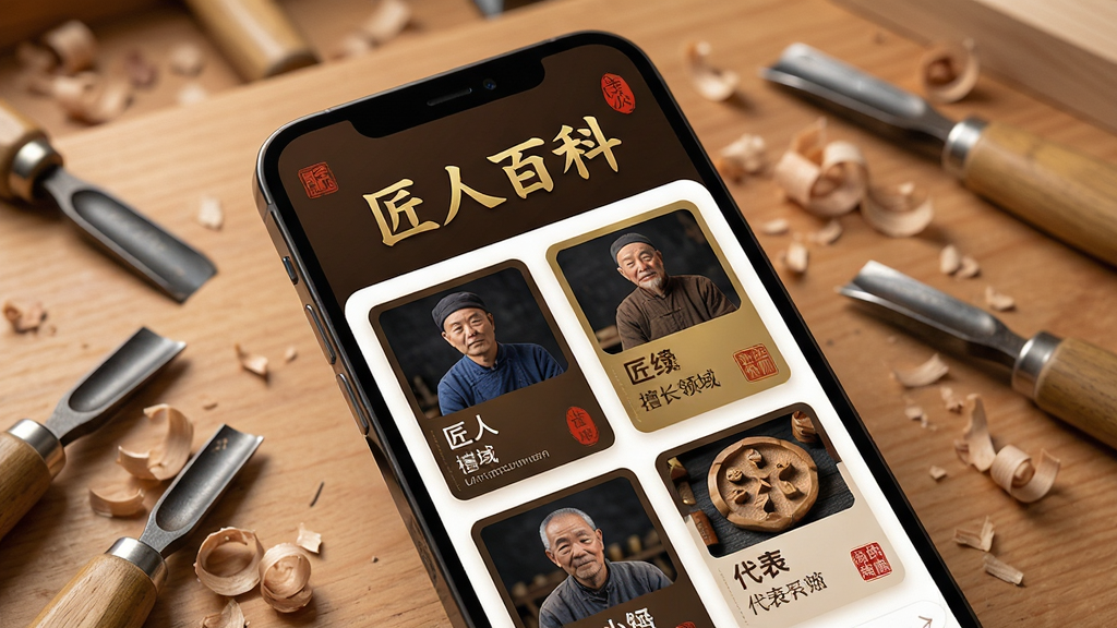 主体:手机屏幕展示匠人百科App界面,界面顶部有“匠人百科”金色大字,下方是各类匠人卡片,卡片上显示匠人照片、姓名、擅长领域及代表作品缩略图。布局:居中构图,手机微微倾斜,背景为暖木色工作台,上面散落着雕刻工具与木屑。排版:界面信息层级分明,卡片整齐排列,色彩以深棕与暗金为主,点缀朱砂红印章元素。风格:写实摄影与UI融合,光影柔和,细节清晰,画质干净无多余元素,突出“匠人百科”品牌感。