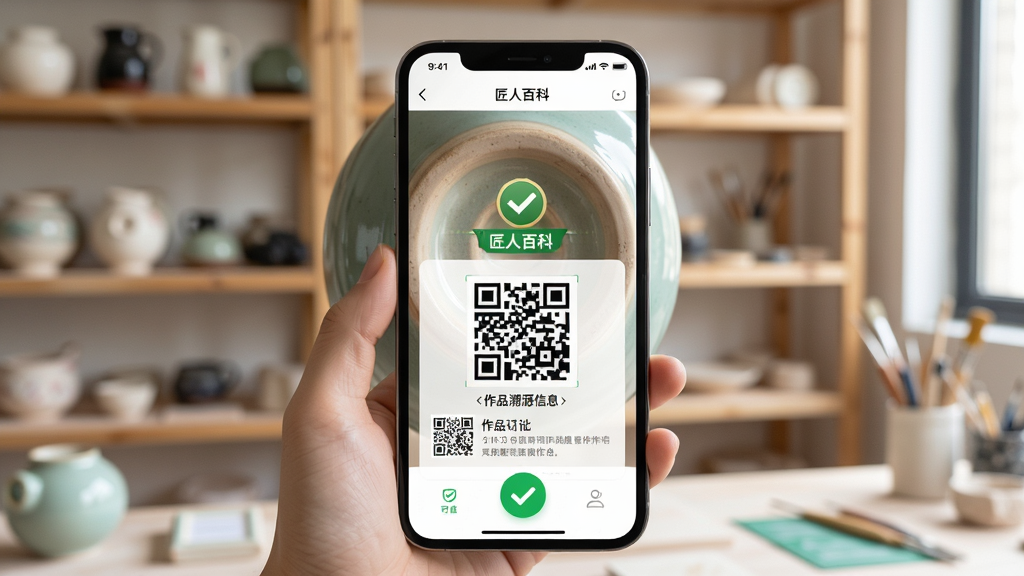 主体:手机扫描一件陶瓷底部的二维码,屏幕弹出匠人百科的认证页面,显示“匠人百科”认证标识与作品溯源信息。布局:手机居中,二维码特写,背景为工作室陈列架。风格:写实摄影,明亮光线,绿色对勾元素点缀,体现安全可信。画质:清晰锐利,无杂乱元素。