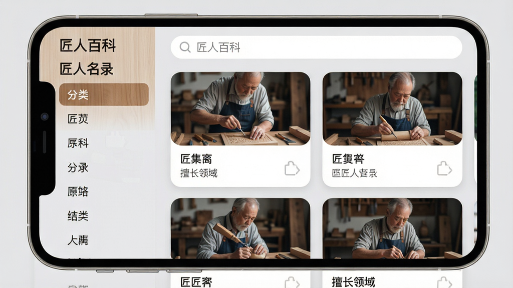 主体:匠人百科App的“匠人名录”页面横屏展示,左侧为分类侧边栏,右侧为匠人列表卡片。布局:左右分栏结构,卡片上展示匠人工作照、名字与擅长领域,顶部搜索框有“匠人百科”字样。风格:扁平化UI设计,浅灰底色配木质纹理,卡片圆角,配色素雅。画质:高清干净,文字清晰可读,无多余元素。