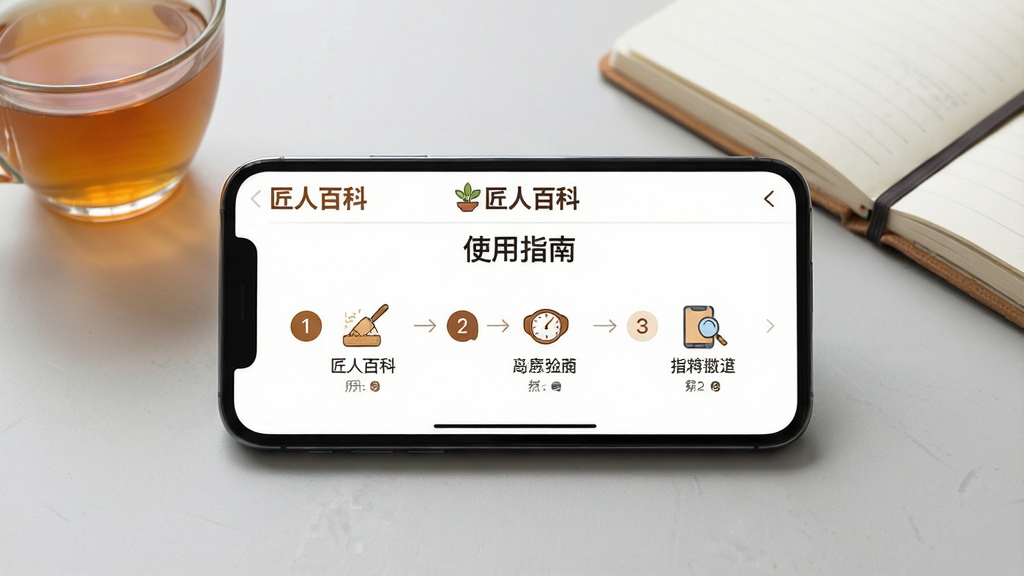 主体:一部智能手机横屏显示匠人百科App的“使用指南”页面,页面顶部有“匠人百科”LOGO,下方是简洁的图文步骤条,配有小图标。布局:手机居中,背景为浅灰色桌面,旁边有一杯茶和一本笔记本。排版:步骤条从左到右排列,以数字1-2-3引导。风格:温馨写实风格,柔和自然光,画面干净,细节丰富,画质清晰。