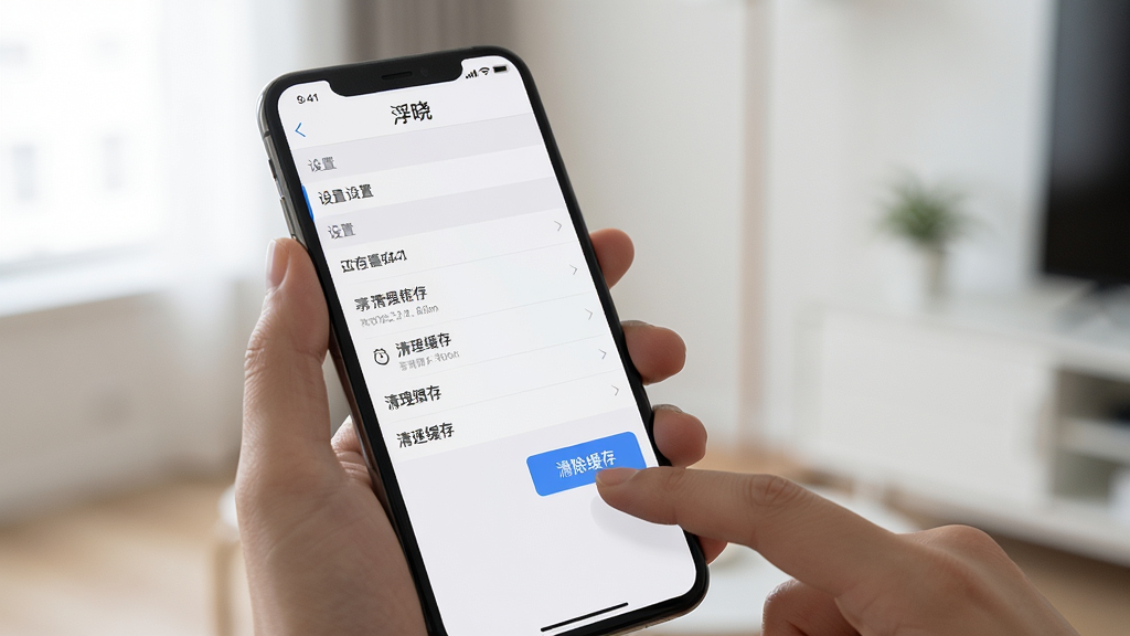 主体:用户正在手机上操作浮晓APP,界面显示设置菜单和清理缓存选项。布局:手机持于手中,背景是简约的室内环境,手机屏幕特写。排版:设置菜单列表清晰可见。风格:写实摄影风格,浅景深。细节:屏幕上有“浮晓”字样,手指点击“清除缓存”按钮。画质:高清,干净无多余元素。