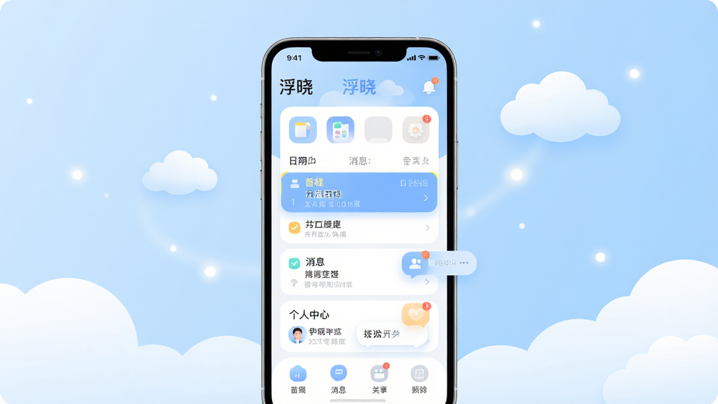 主体:浮晓APP的界面展示,一部智能手机屏幕显示主界面,包含日程、消息、个人中心等模块。布局:手机居中,背景为干净的浅蓝色渐变,周围有白色云朵和轻盈的光点。排版:屏幕内容清晰可辨,图标圆润,色彩柔和。风格:现代扁平化,简洁明亮。细节:屏幕中显示“浮晓”字样,日程条目高亮显示,消息通知气泡。画质:4K高清,干净无多余元素。