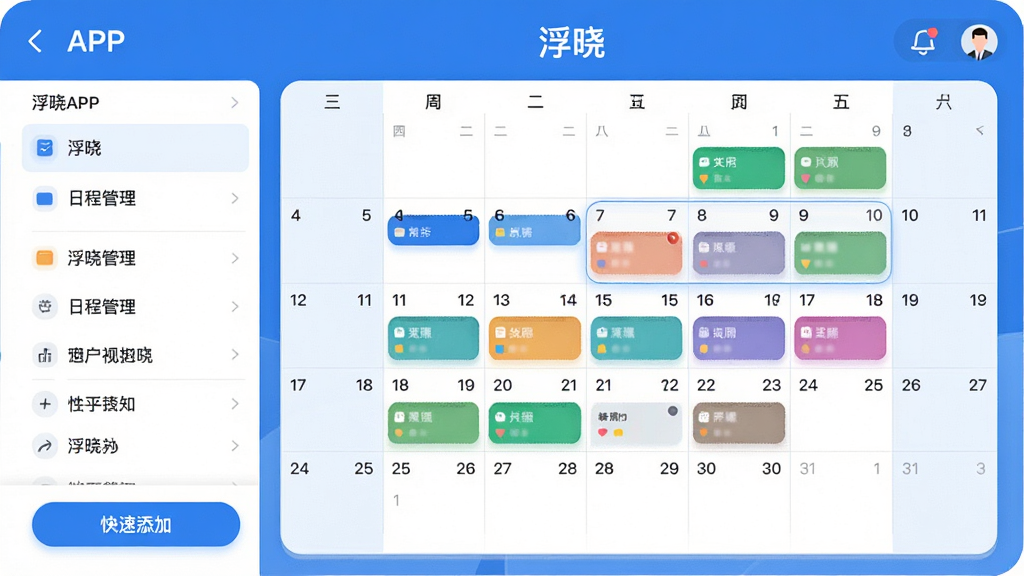 主体:浮晓APP的日程管理功能页面,显示一个周视图日历,有不同颜色的任务块。布局:日历占据画面主视觉,左侧有列表详情,底部有快速添加按钮。排版:日期数字清晰,任务条圆角整齐,色彩区分度好。风格:清新商务风,蓝白基调。细节:日历顶部有“浮晓”字样,某个任务被高亮标记。画质:高清细节丰富,干净无多余元素。