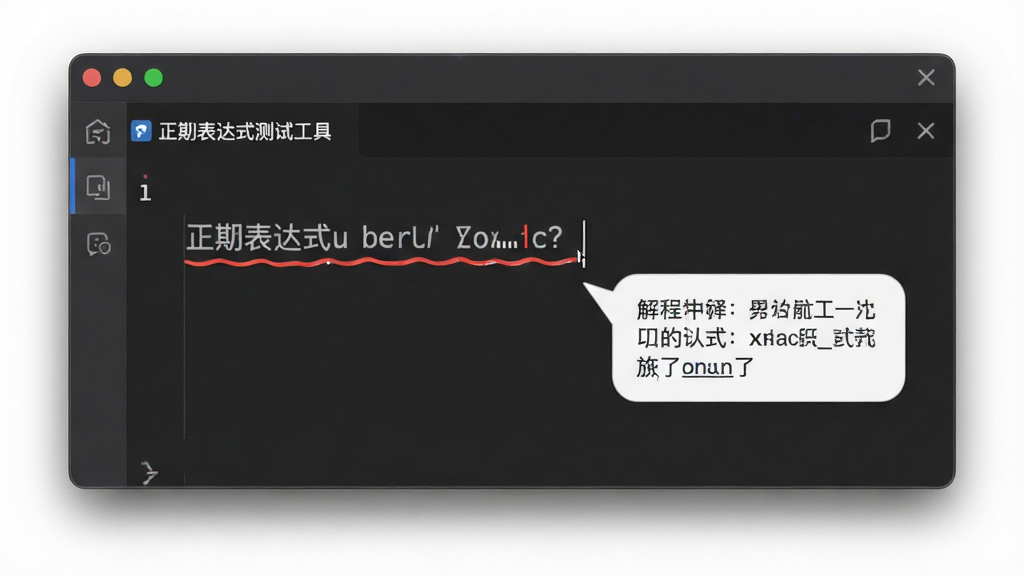 软件编辑区中正则表达式包含红色波浪线错误提示,光标处有气泡解释,界面风格统一,深色背景,文字清晰,画质干净,无多余元素,文字标注“正则表达式测试工具”