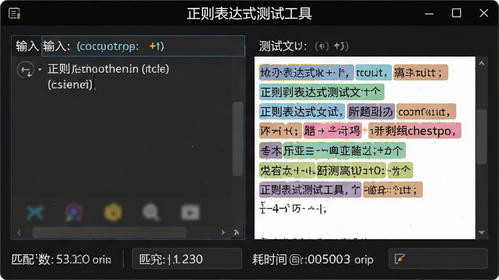 软件运行界面特写,左侧正则输入框内显示示例字符,右侧测试文本中多处匹配片段被彩色高亮,底部有匹配计数与耗时数据,界面清晰,深色主题,画质锐利,无多余元素,文字标注“正则表达式测试工具”