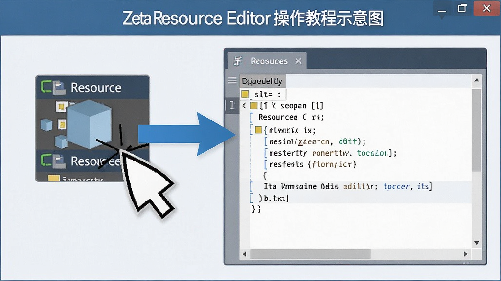 Zeta Resource Editor 操作教程示意图,显示鼠标点击资源节点并编辑代码的过程,界面清晰,步骤指示醒目,画质干净,无多余元素