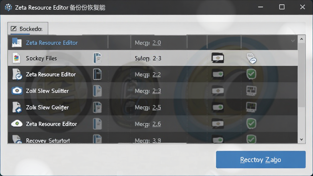 Zeta Resource Editor 备份恢复功能界面,显示备份文件列表和恢复按钮,界面设计清晰,按钮醒目,画质干净,无多余元素